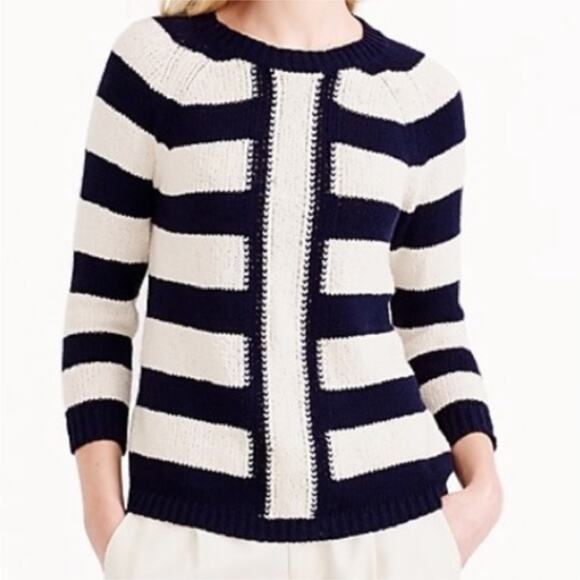 J. CREW Mixed Stripe Navy & Ivory Cotton-Linen Blend Sweater Size S - Picture 1 of 8